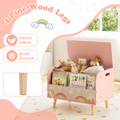 Kids Wooden Toy Box with Front Bookshelf and 4 Solid Wood Legs for Playroom-Pink