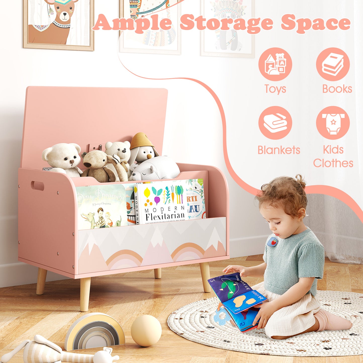 Kids Wooden Toy Box with Front Bookshelf and 4 Solid Wood Legs for Playroom-Pink