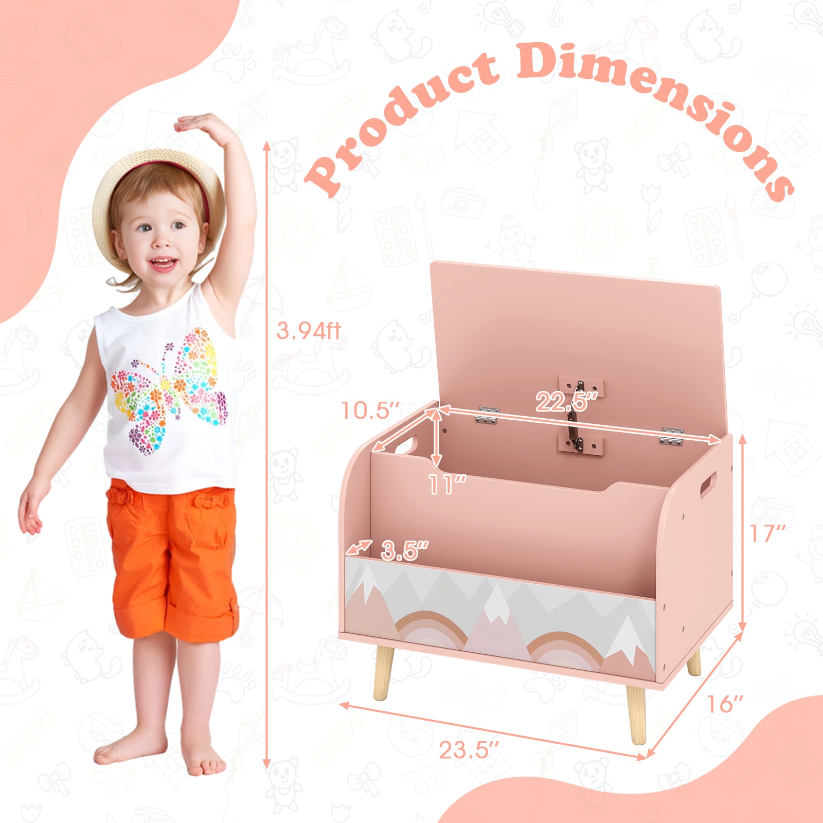Kids Wooden Toy Box with Front Bookshelf and 4 Solid Wood Legs for Playroom-Pink