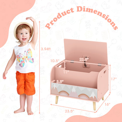 Kids Wooden Toy Box with Front Bookshelf and 4 Solid Wood Legs for Playroom-Pink