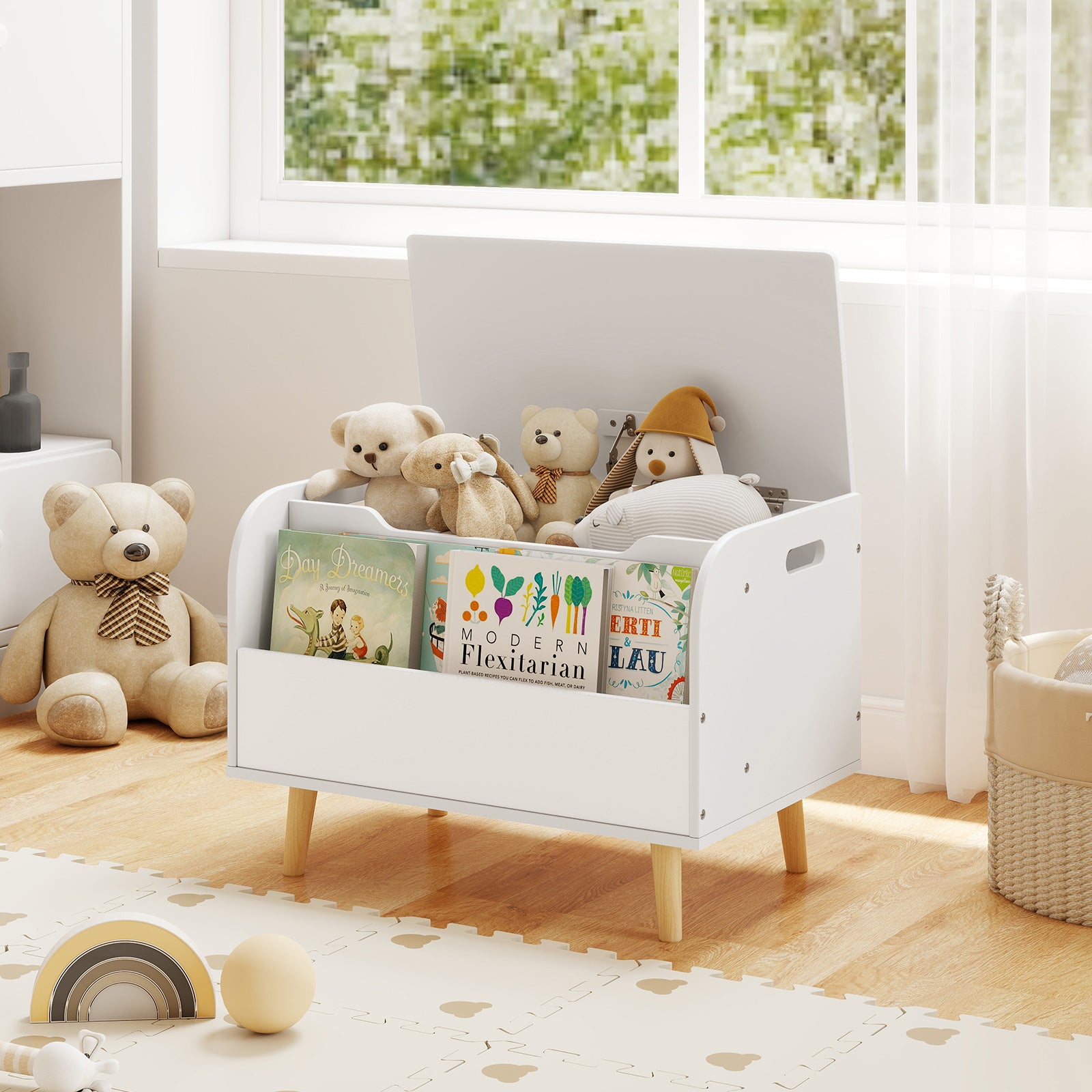 Kids Wooden Toy Box with Front Bookshelf and 4 Solid Wood Legs for Playroom-White