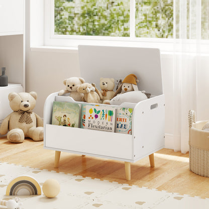 Kids Wooden Toy Box with Front Bookshelf and 4 Solid Wood Legs for Playroom-White