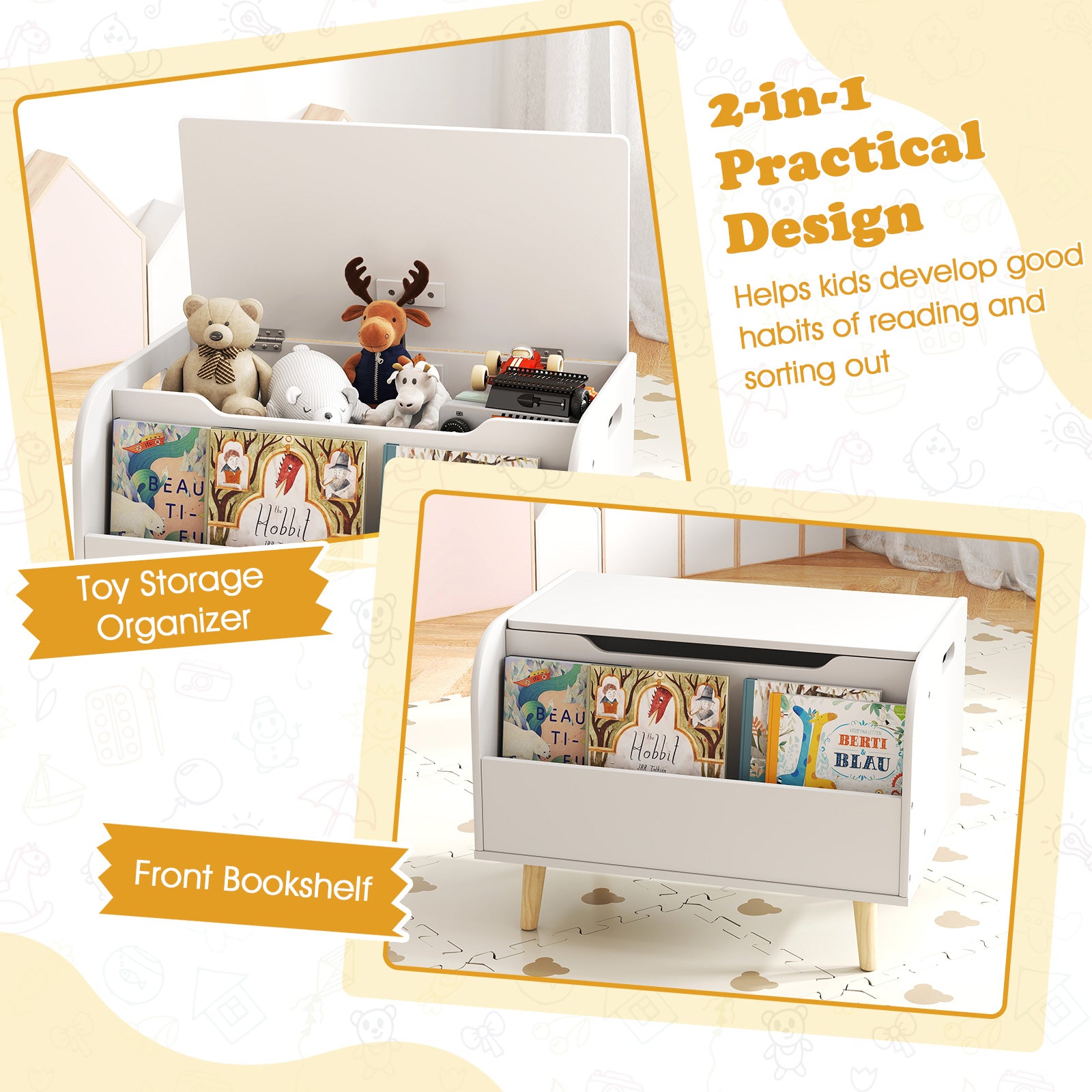 Kids Wooden Toy Box with Front Bookshelf and 4 Solid Wood Legs for Playroom-White