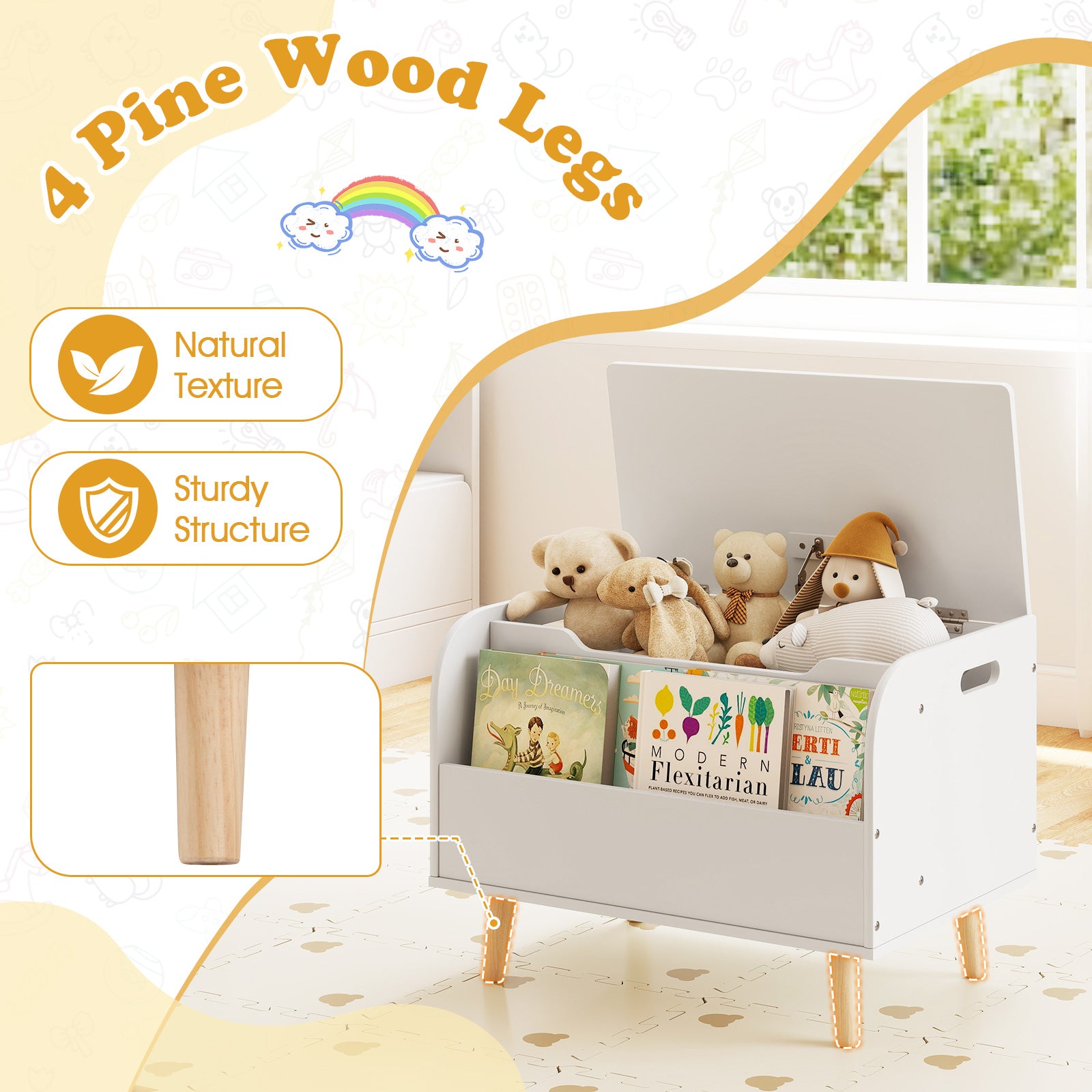 Kids Wooden Toy Box with Front Bookshelf and 4 Solid Wood Legs for Playroom-White