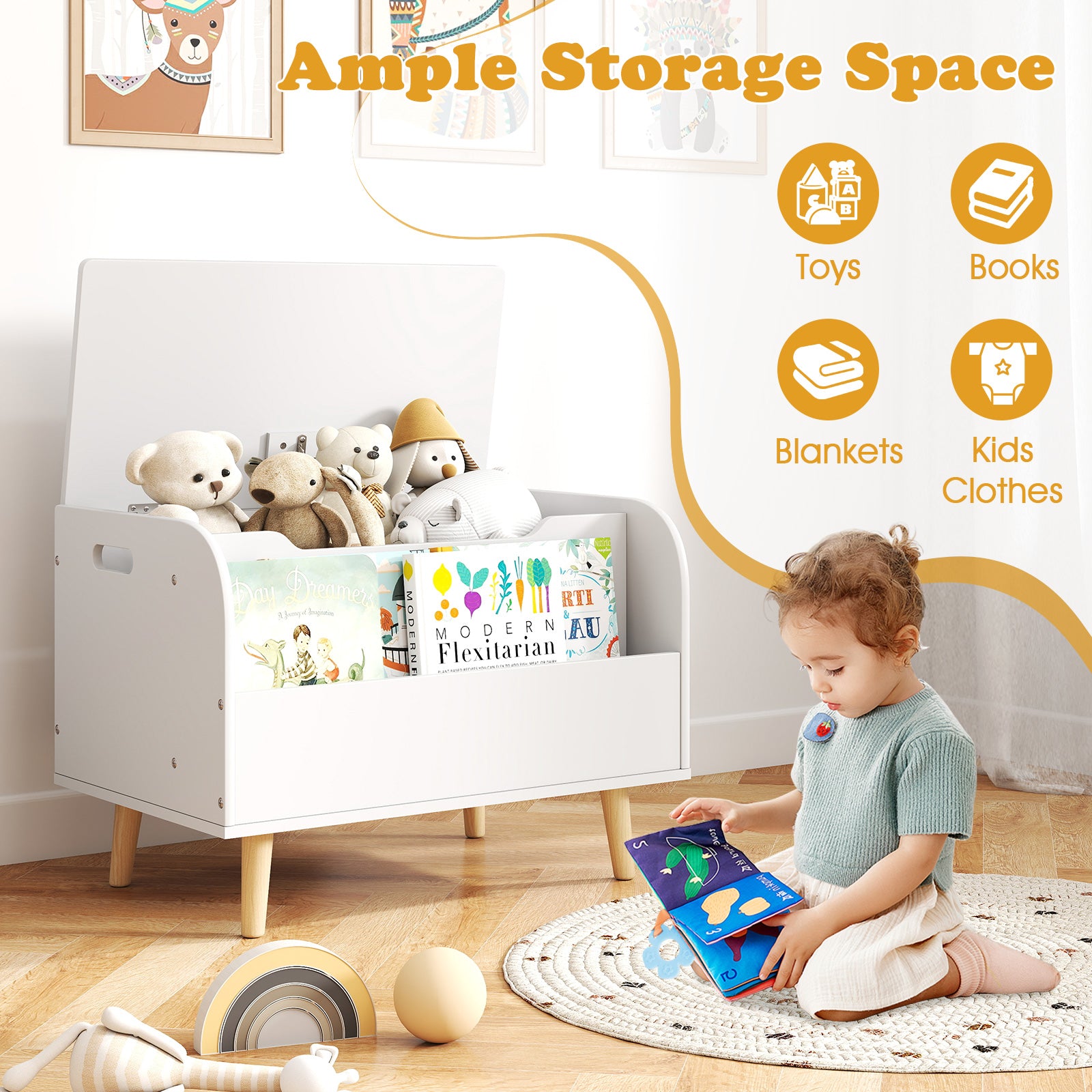 Kids Wooden Toy Box with Front Bookshelf and 4 Solid Wood Legs for Playroom-White