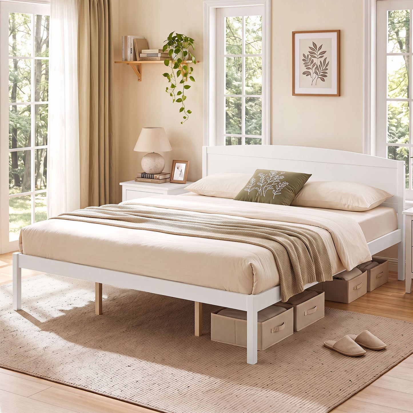 King Size Wooden Platform Bed Frame with Curved Headboard
