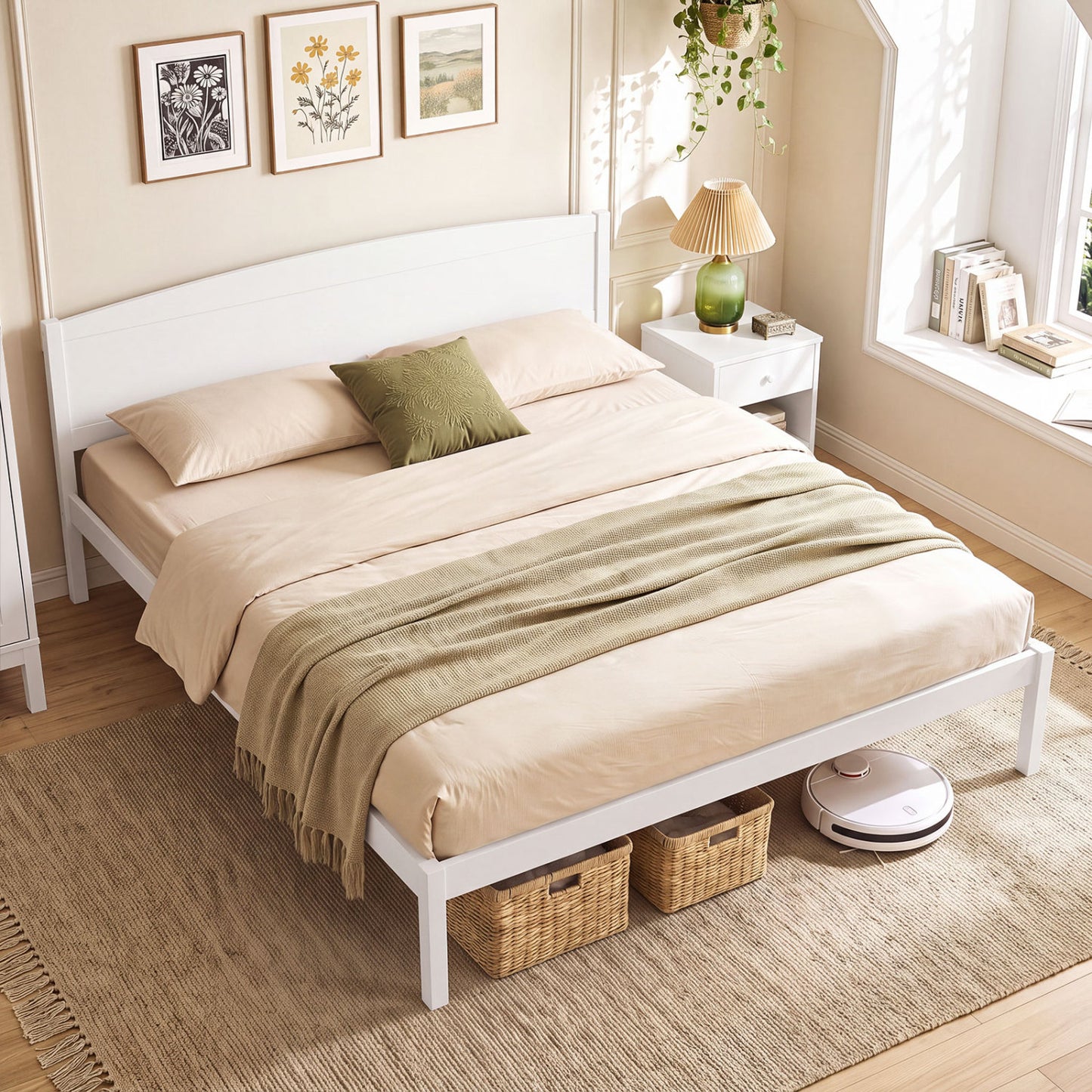 King Size Wooden Platform Bed Frame with Curved Headboard