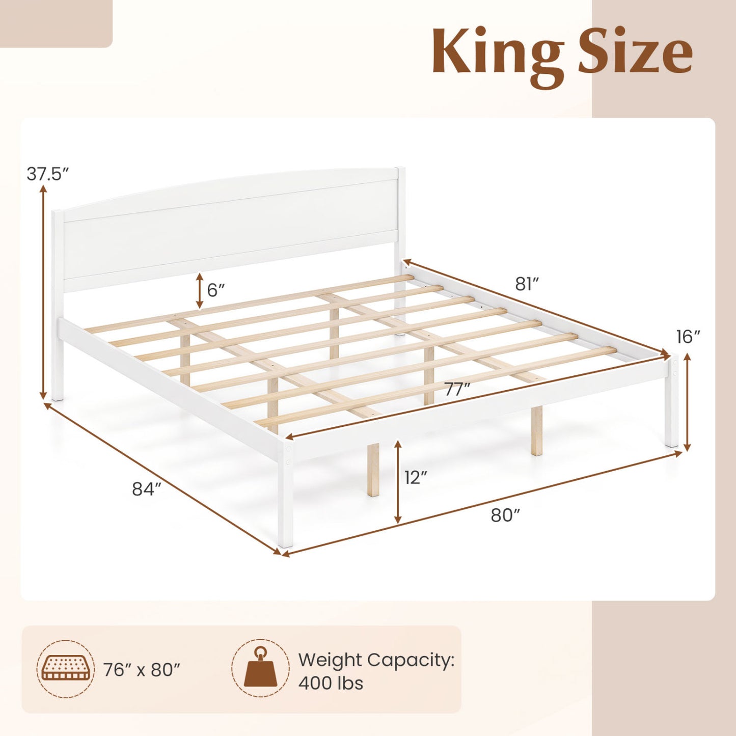 King Size Wooden Platform Bed Frame with Curved Headboard