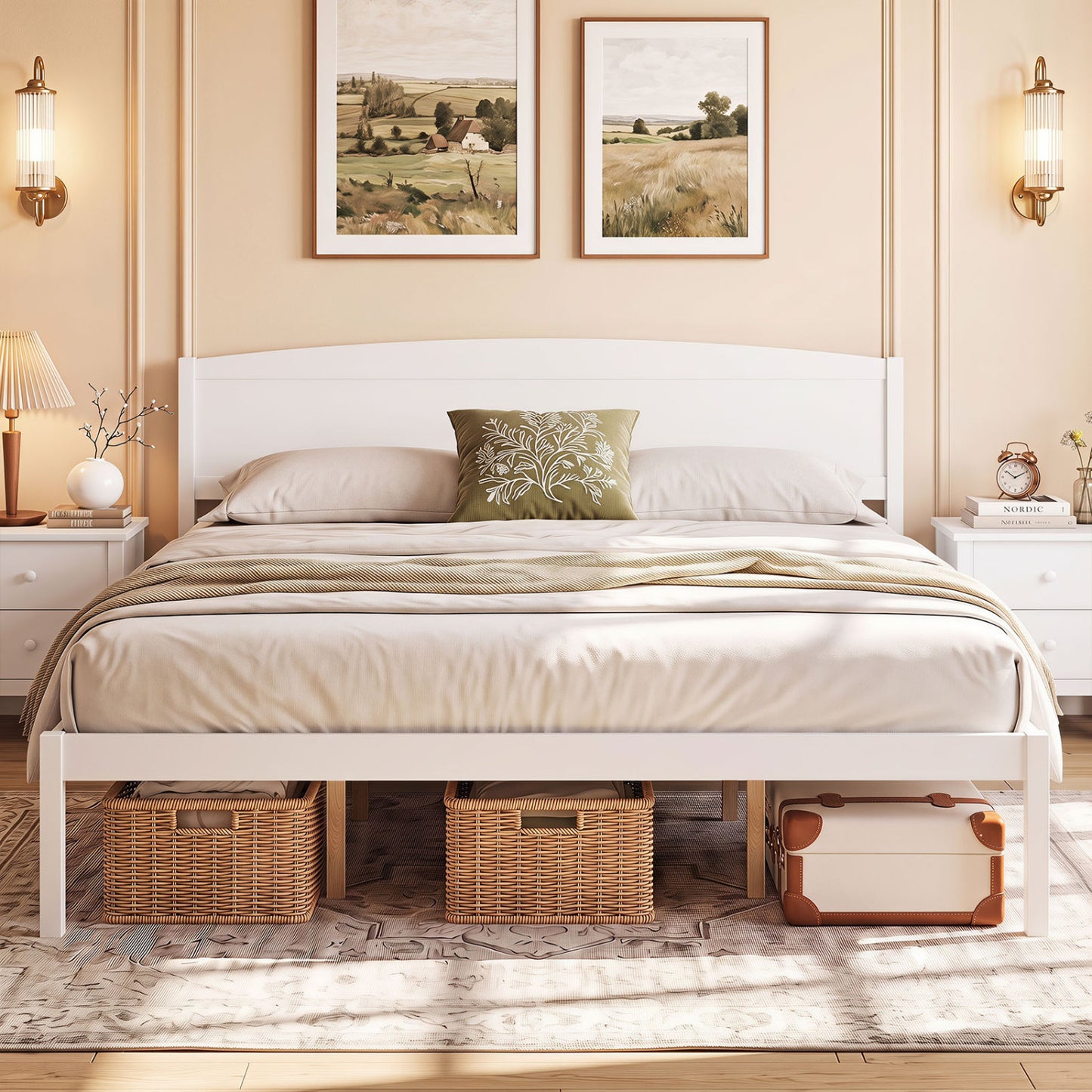 King Size Wooden Platform Bed Frame with Curved Headboard