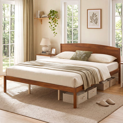 King Size Wooden Platform Bed Frame with Curved Headboard