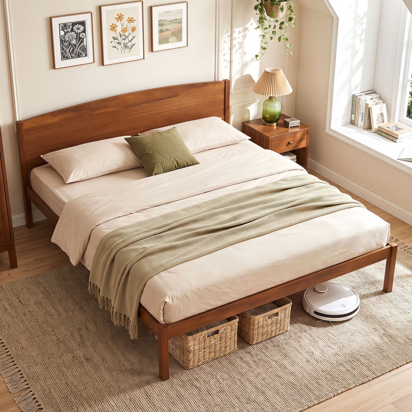 King Size Wooden Platform Bed Frame with Curved Headboard
