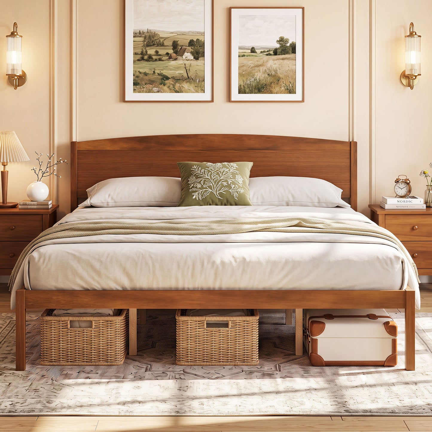 King Size Wooden Platform Bed Frame with Curved Headboard