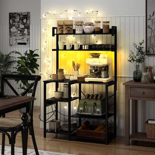 Kitchen Bakers Rack with Power Outlet 5-Tier Microwave Oven Stand with LED Lights-Black