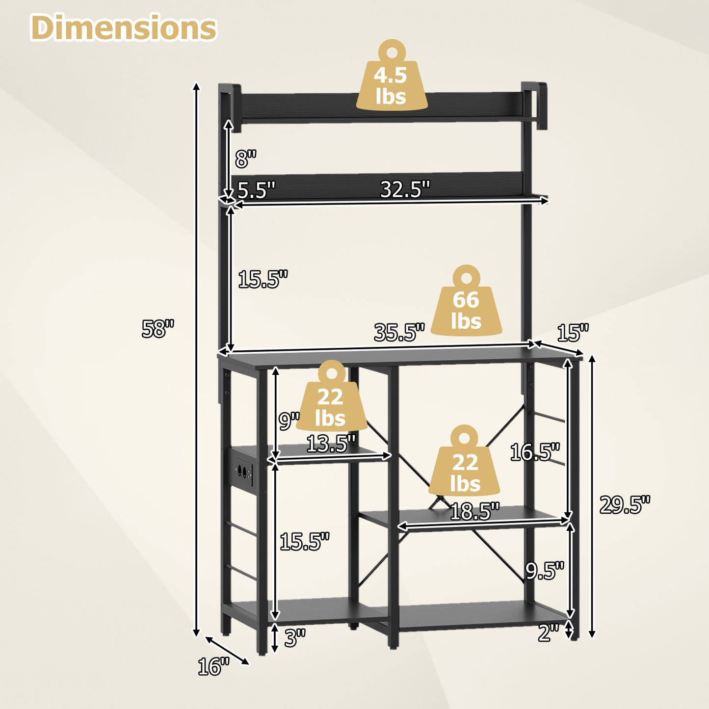 Kitchen Bakers Rack with Power Outlet 5-Tier Microwave Oven Stand with LED Lights-Black