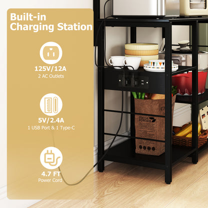 Kitchen Bakers Rack with Power Outlet 5-Tier Microwave Oven Stand with LED Lights-Black