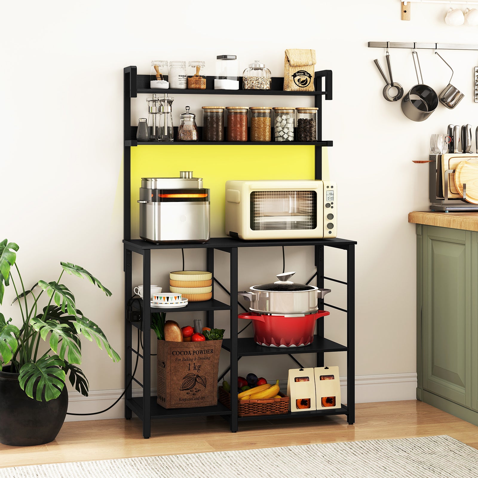 Kitchen Bakers Rack with Power Outlet 5-Tier Microwave Oven Stand with LED Lights-Black