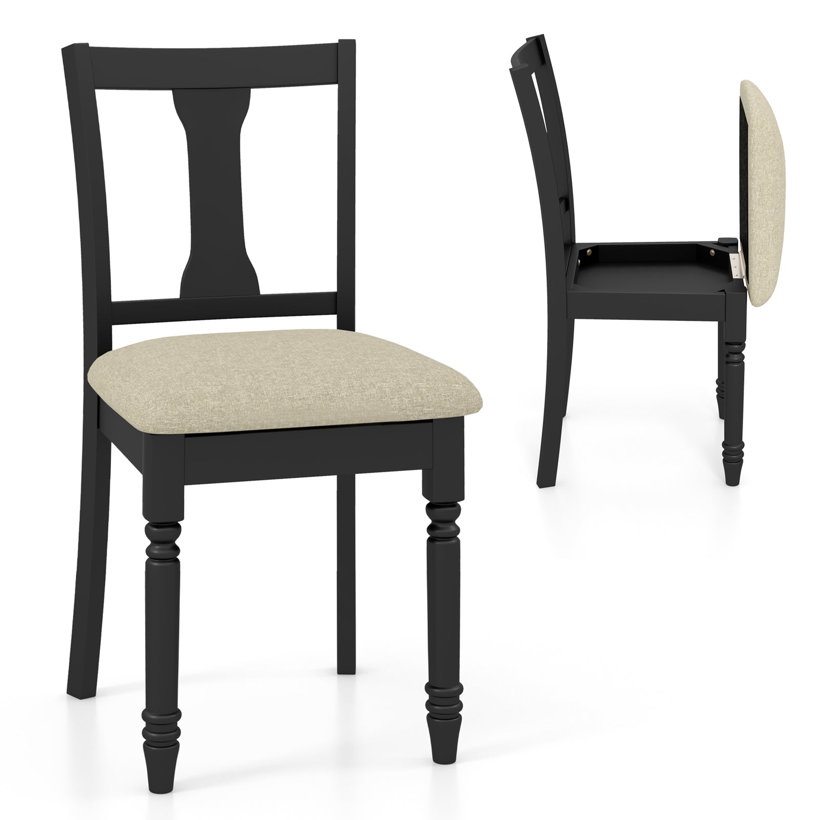 Set of 2 Kitchen Dining Chair with Linen Fabric and Storage Space-Black - Black