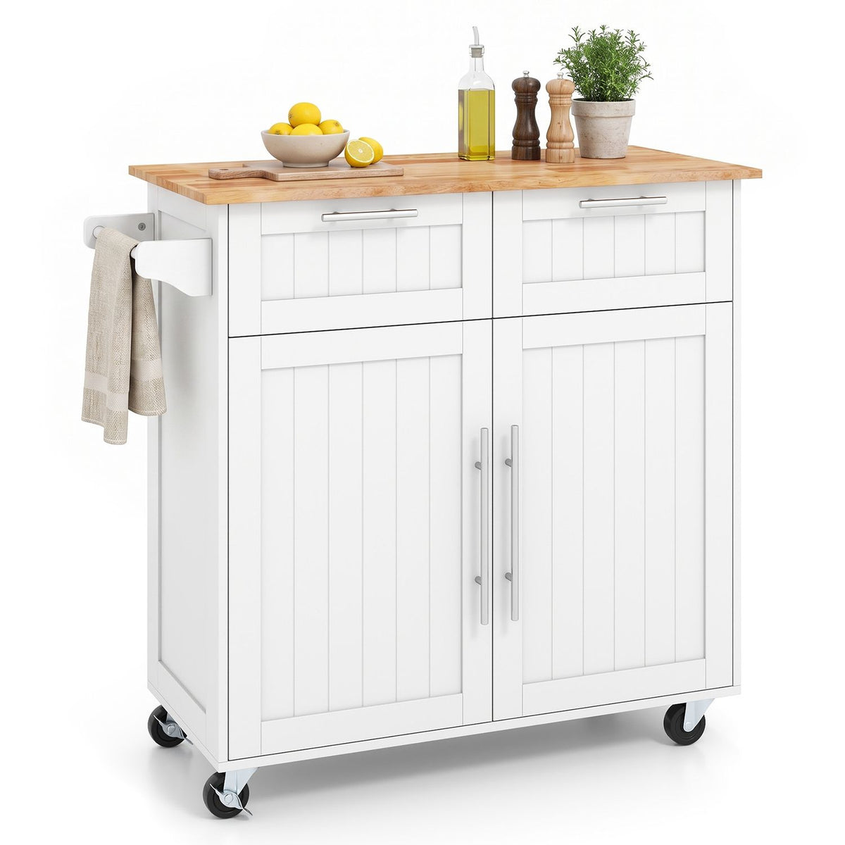 Kitchen Island Cart with Rubber Wood Top and Adjustable Shelves Towel Rack for Dining Room-White