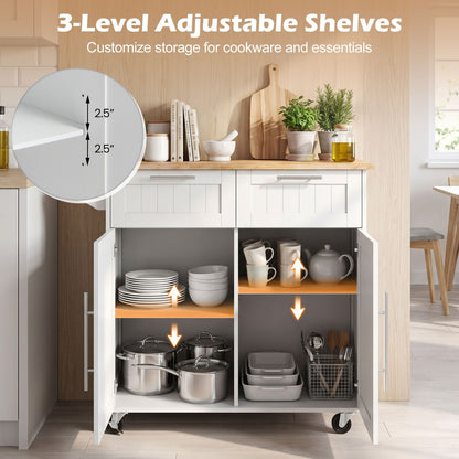Kitchen Island Cart with Rubber Wood Top and Adjustable Shelves Towel Rack for Dining Room-White