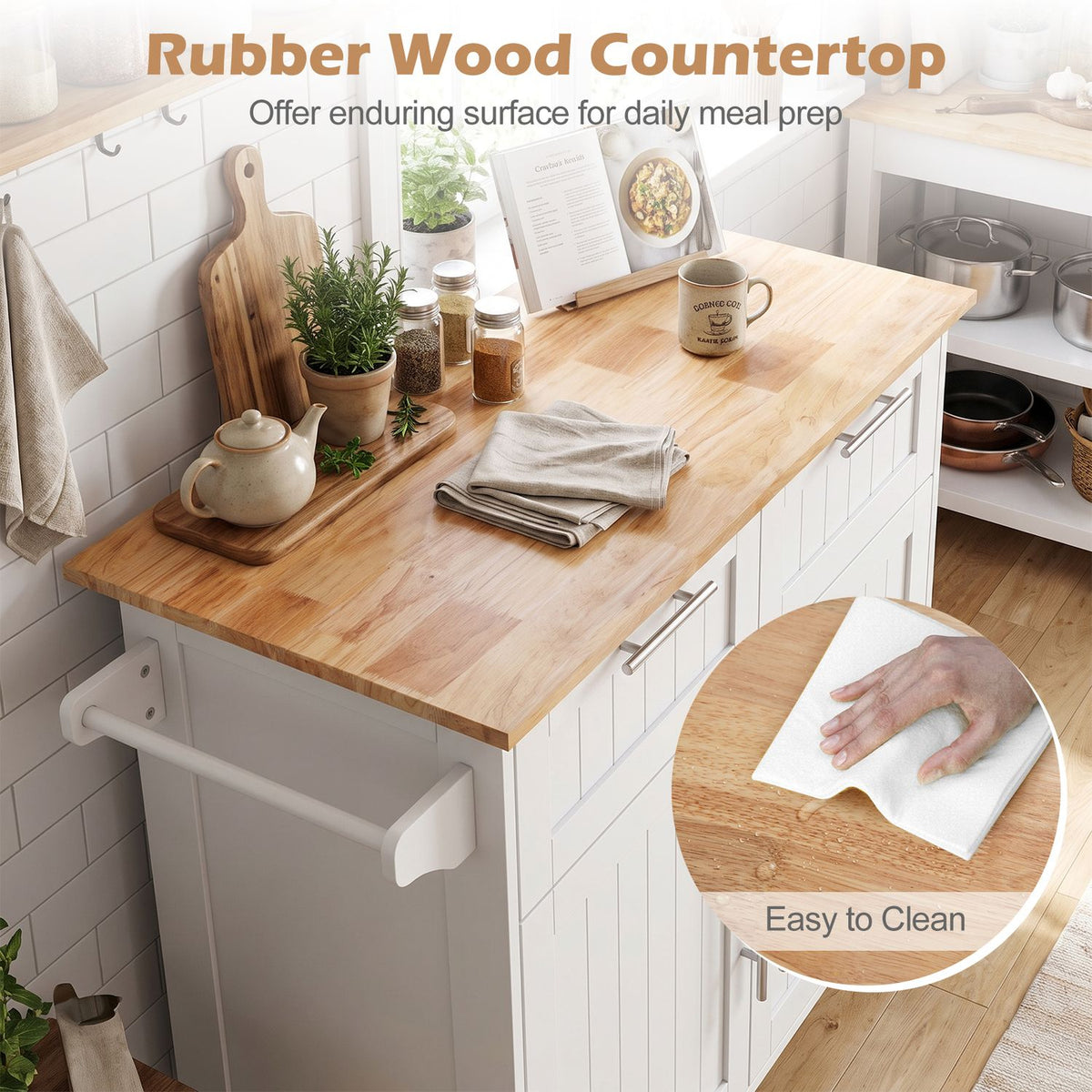 Kitchen Island Cart with Rubber Wood Top and Adjustable Shelves Towel Rack for Dining Room-White