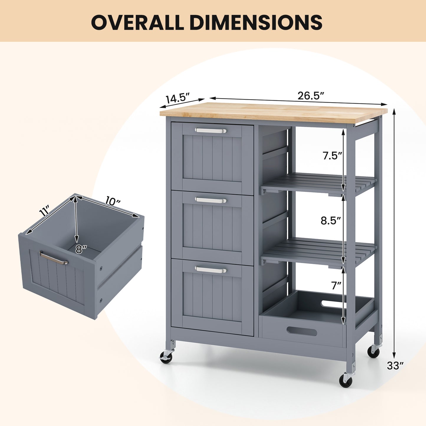 Kitchen Island Cart on Wheels with Rubber Wood Top and 3 Drawersand Removable Tray