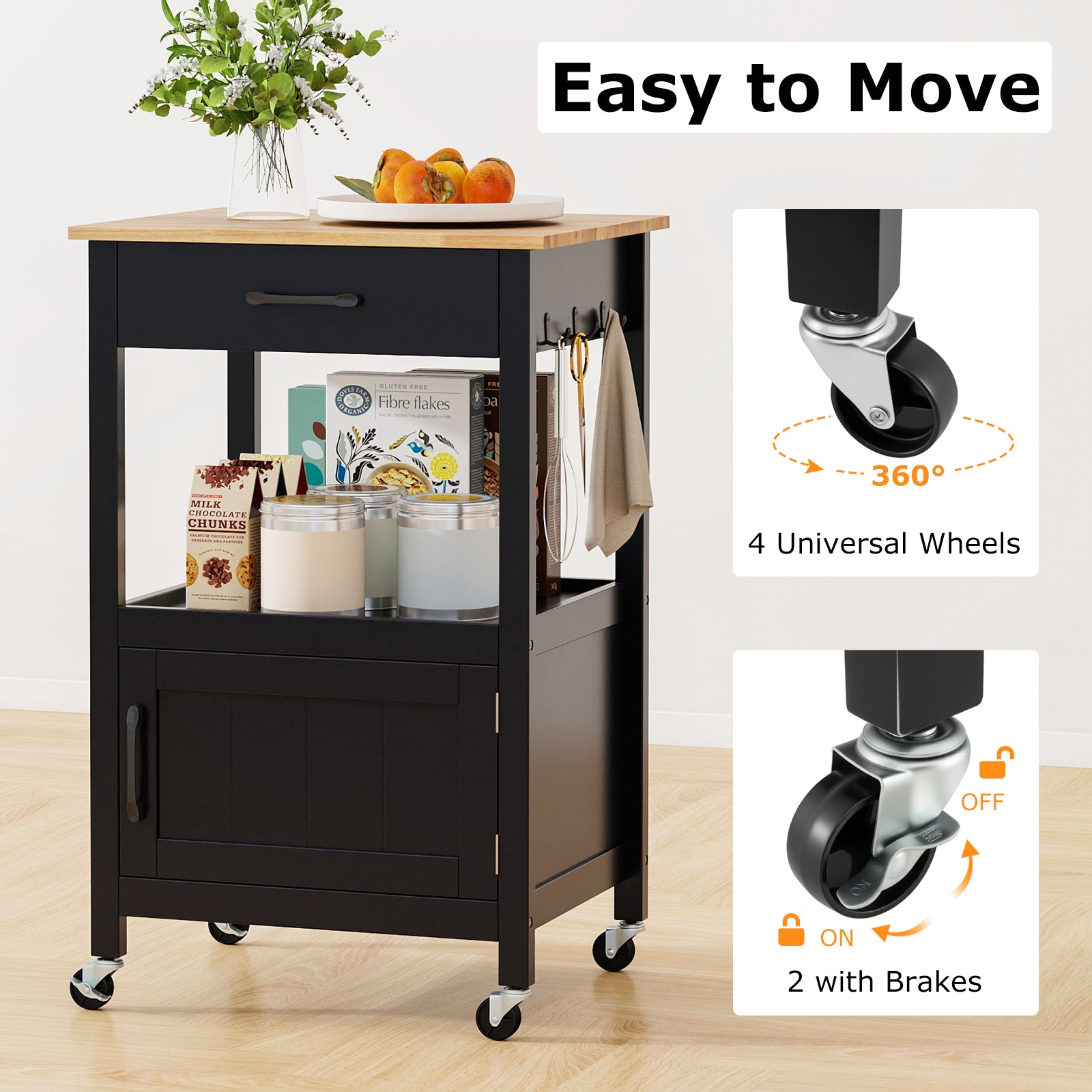 Rolling Kitchen Island Cart with Drawer and Side Hooks-Black