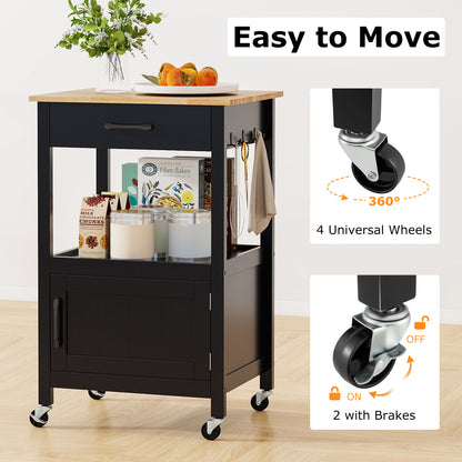 Rolling Kitchen Island Cart with Drawer and Side Hooks-Black