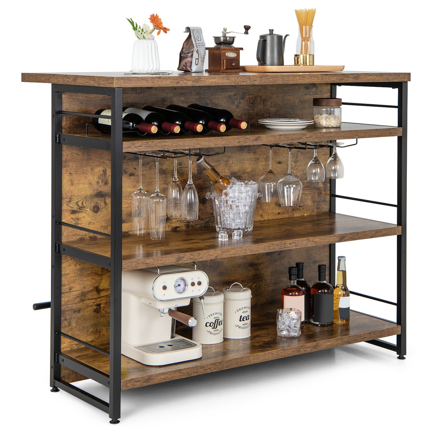 Kitchen Island with 4-Tier Storage Shelf and Long Footrest for Home-Black - Rustic Brown