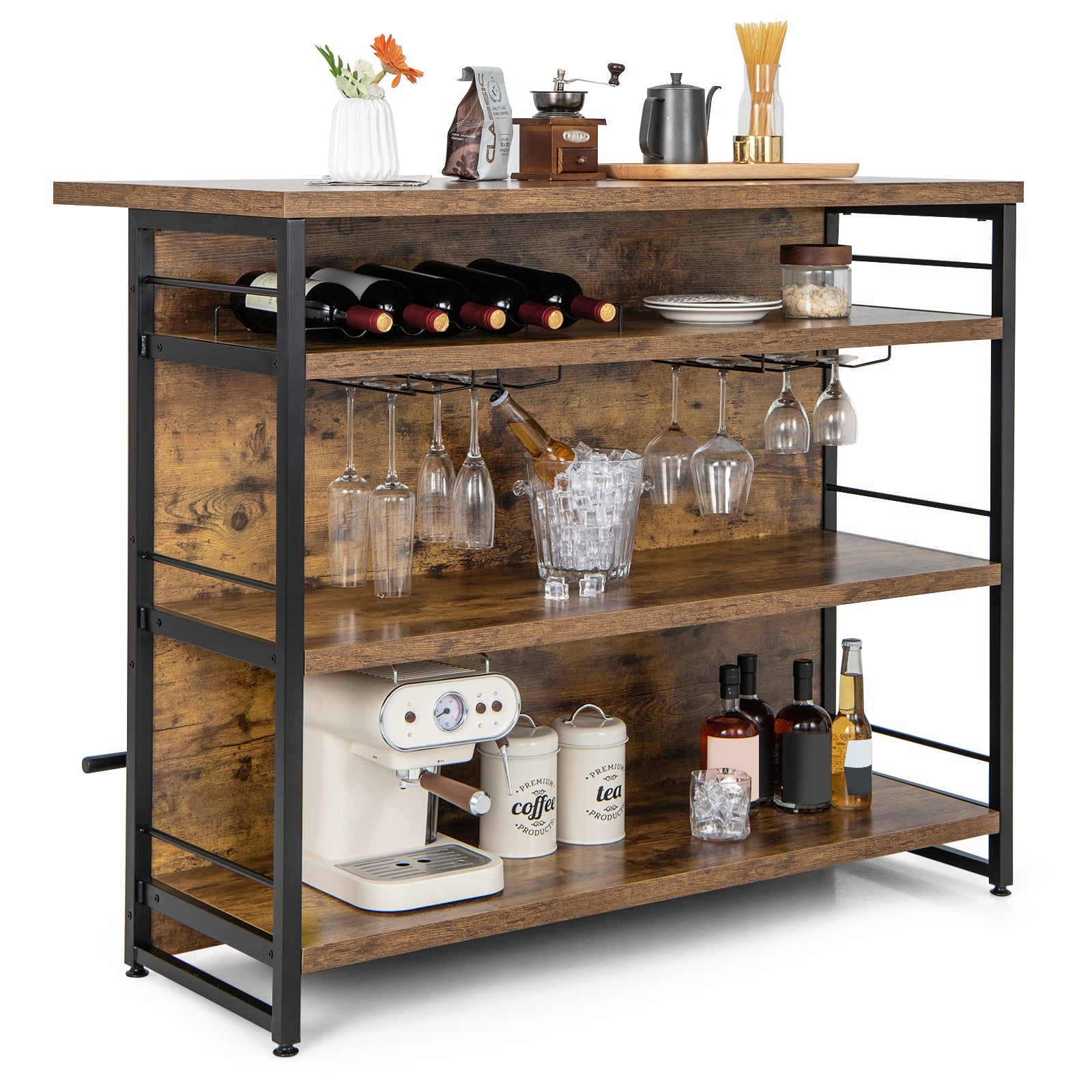 Kitchen Island with 4-Tier Storage Shelf and Long Footrest for Home-Black - Rustic Brown