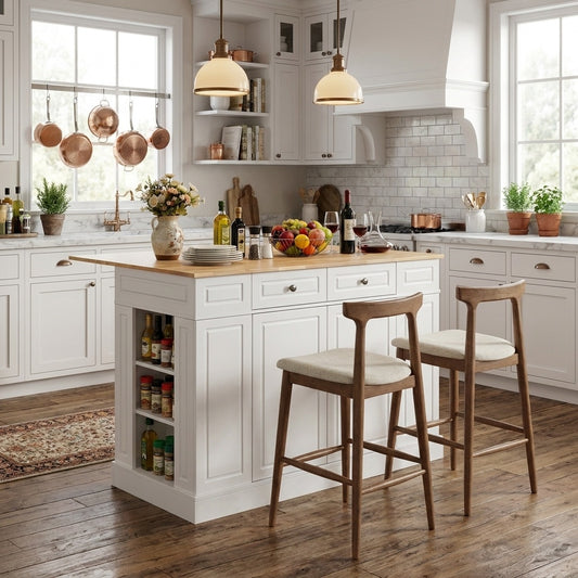 Kitchen Island with Storage with 2 Counter Height Solid Wood Bar Stools Set
