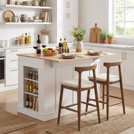 Kitchen Island with Storage with 2 Counter Height Solid Wood Bar Stools Set
