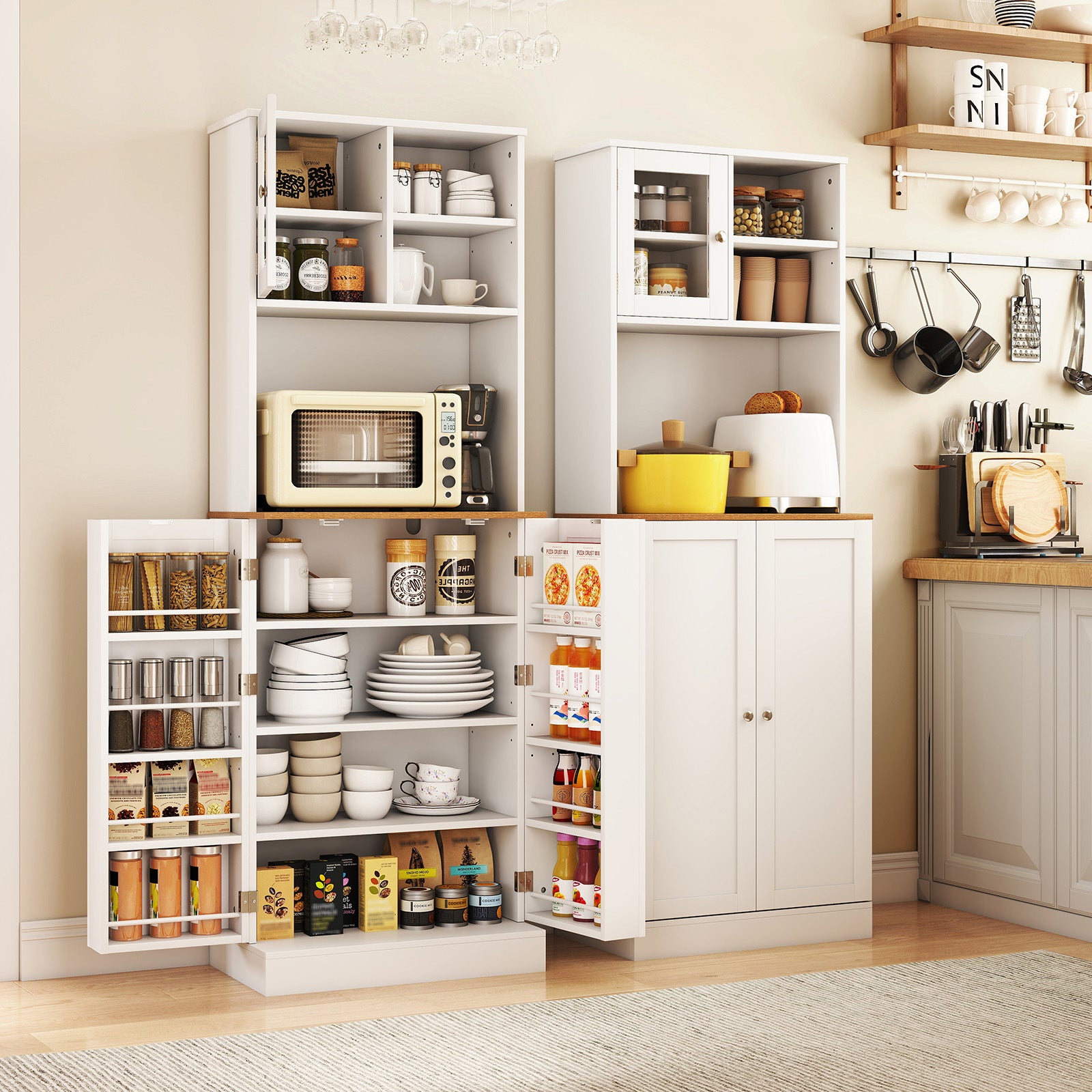 Kitchen Pantry Cabinet 67 Inch Freestanding Tall Cupboard with Microwave Shelf-White