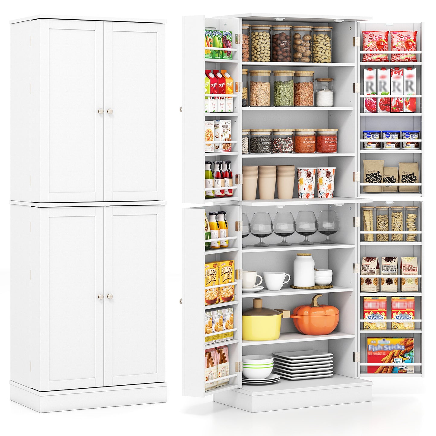 Kitchen Pantry Cabinet 65.5 Inch Freestanding Tall Buffet Cupboard-White