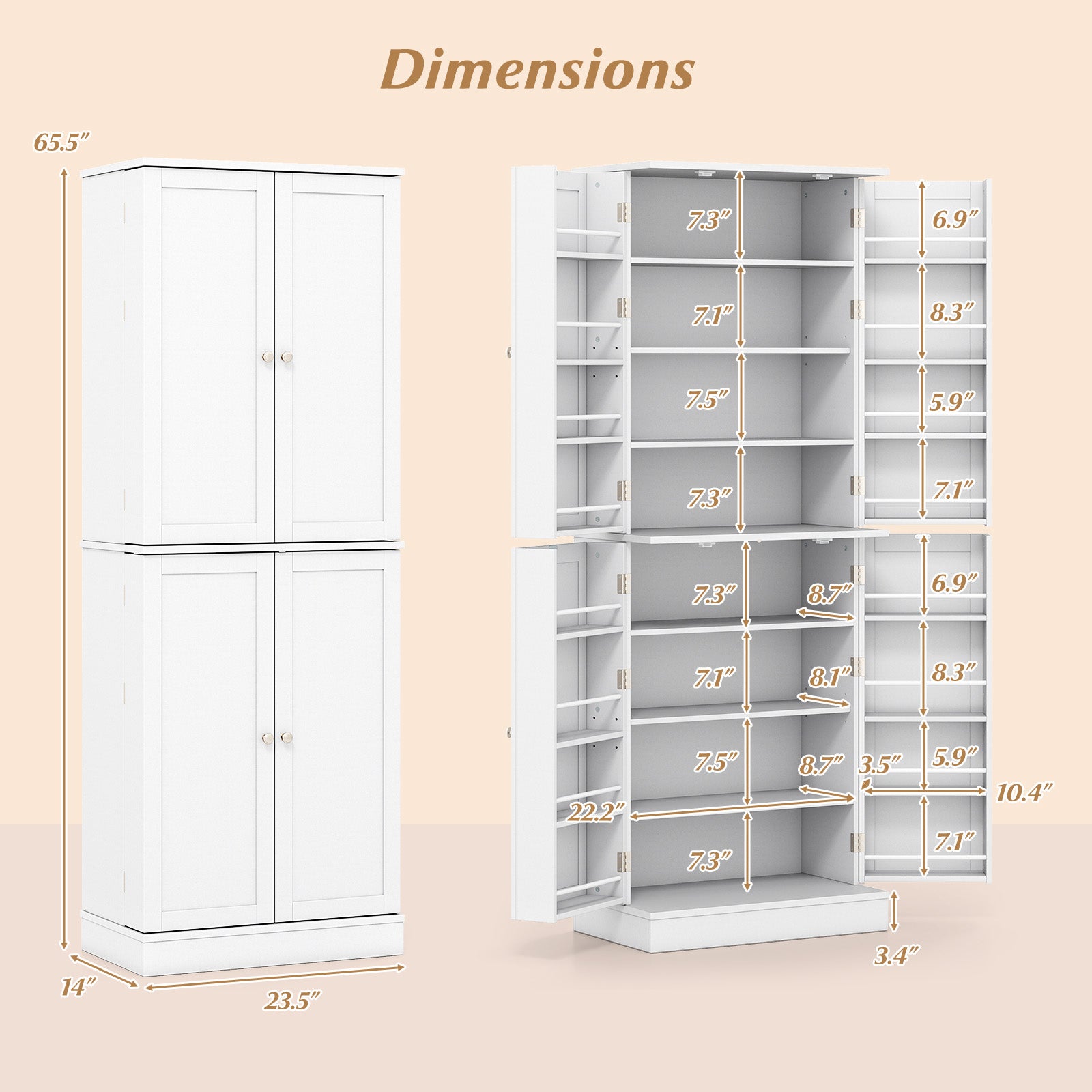 Kitchen Pantry Cabinet 65.5 Inch Freestanding Tall Buffet Cupboard-White