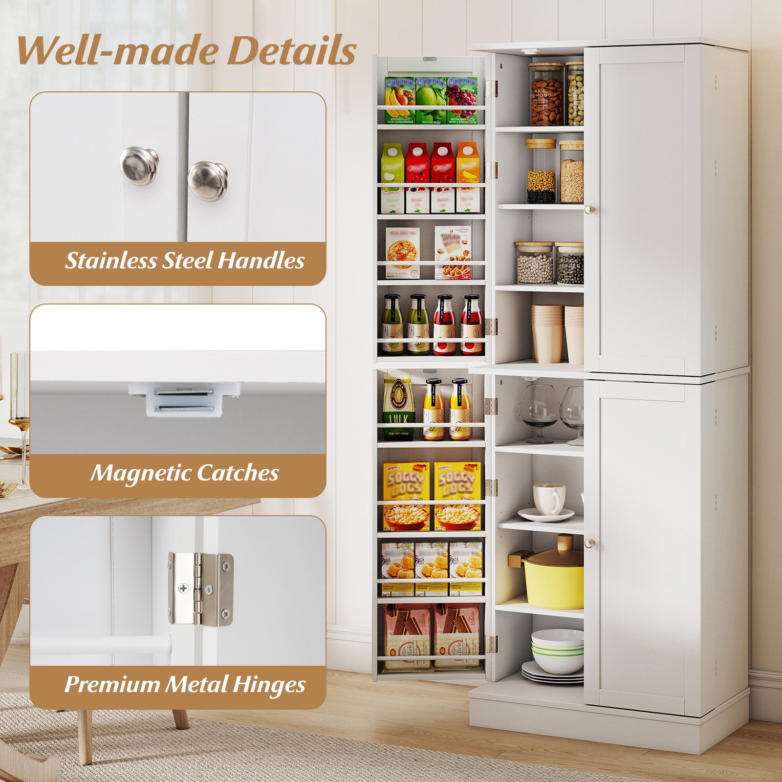 Kitchen Pantry Cabinet 65.5 Inch Freestanding Tall Buffet Cupboard-White