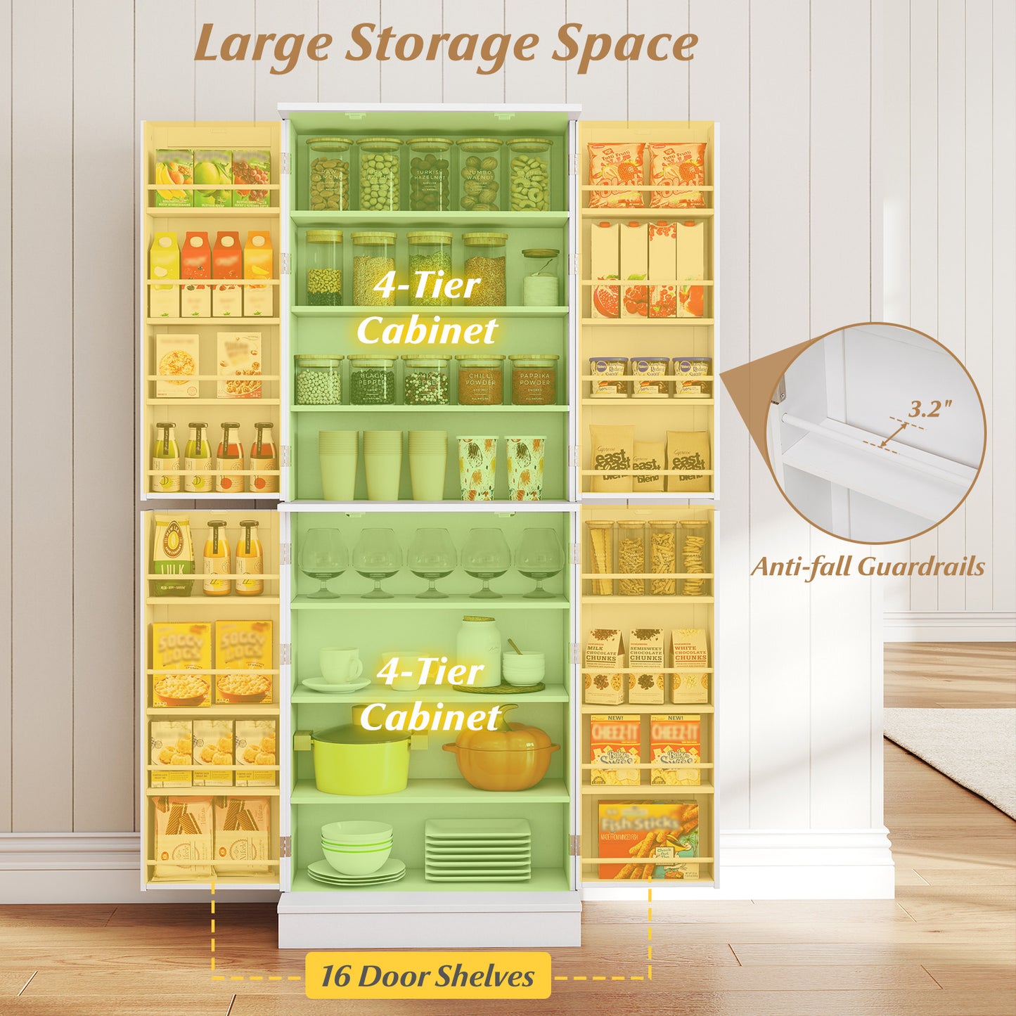 Kitchen Pantry Cabinet 65.5 Inch Freestanding Tall Buffet Cupboard-White