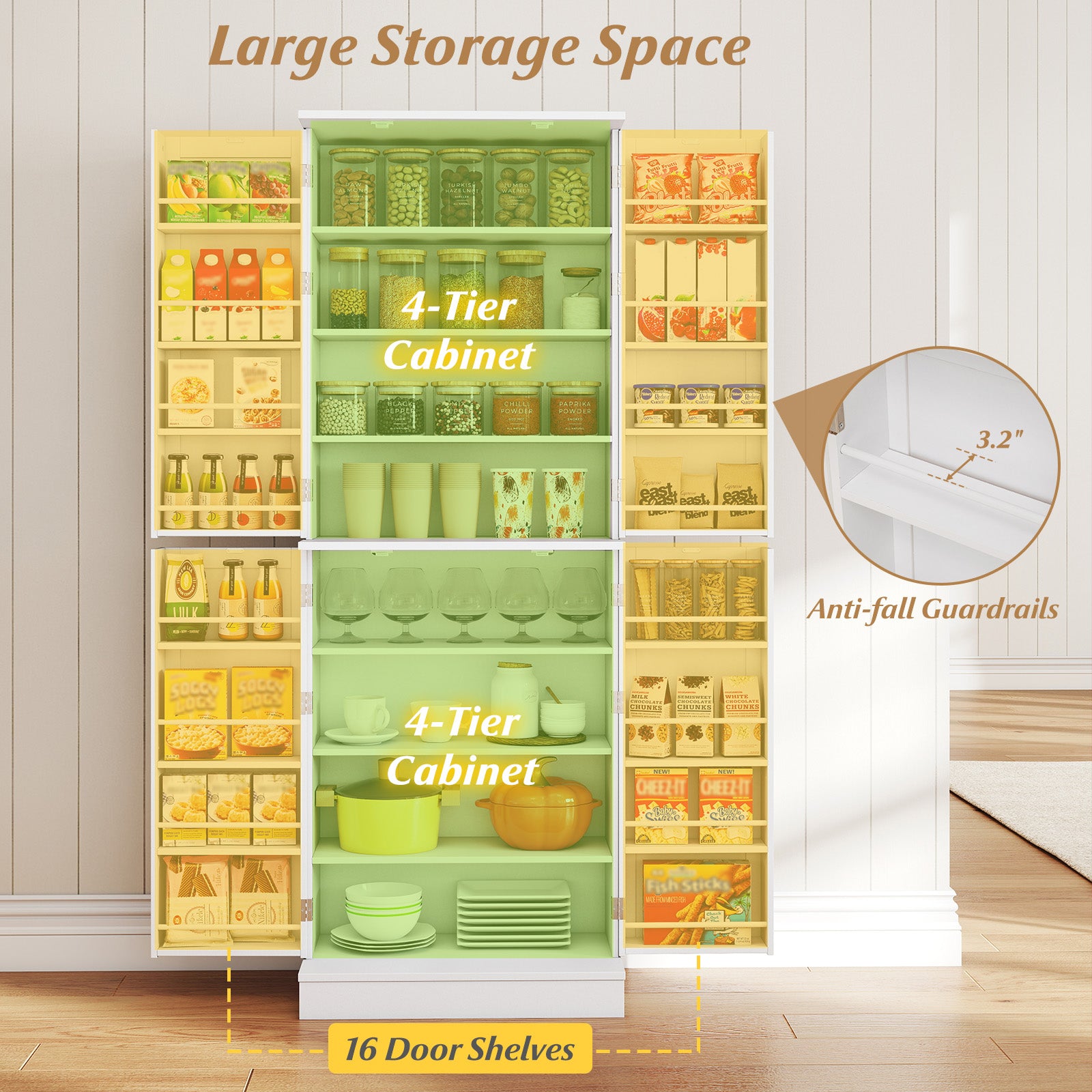 Kitchen Pantry Cabinet 65.5 Inch Freestanding Tall Buffet Cupboard-White