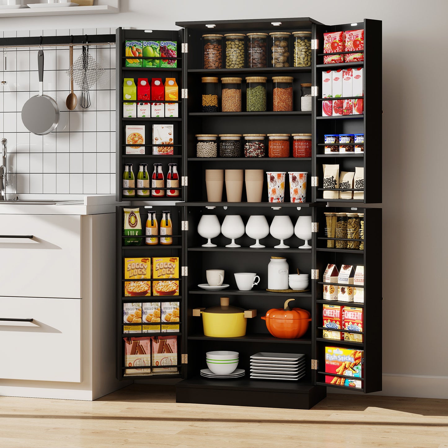 Kitchen Pantry Cabinet 65.5 Inch Freestanding Tall Buffet Cupboard-Black