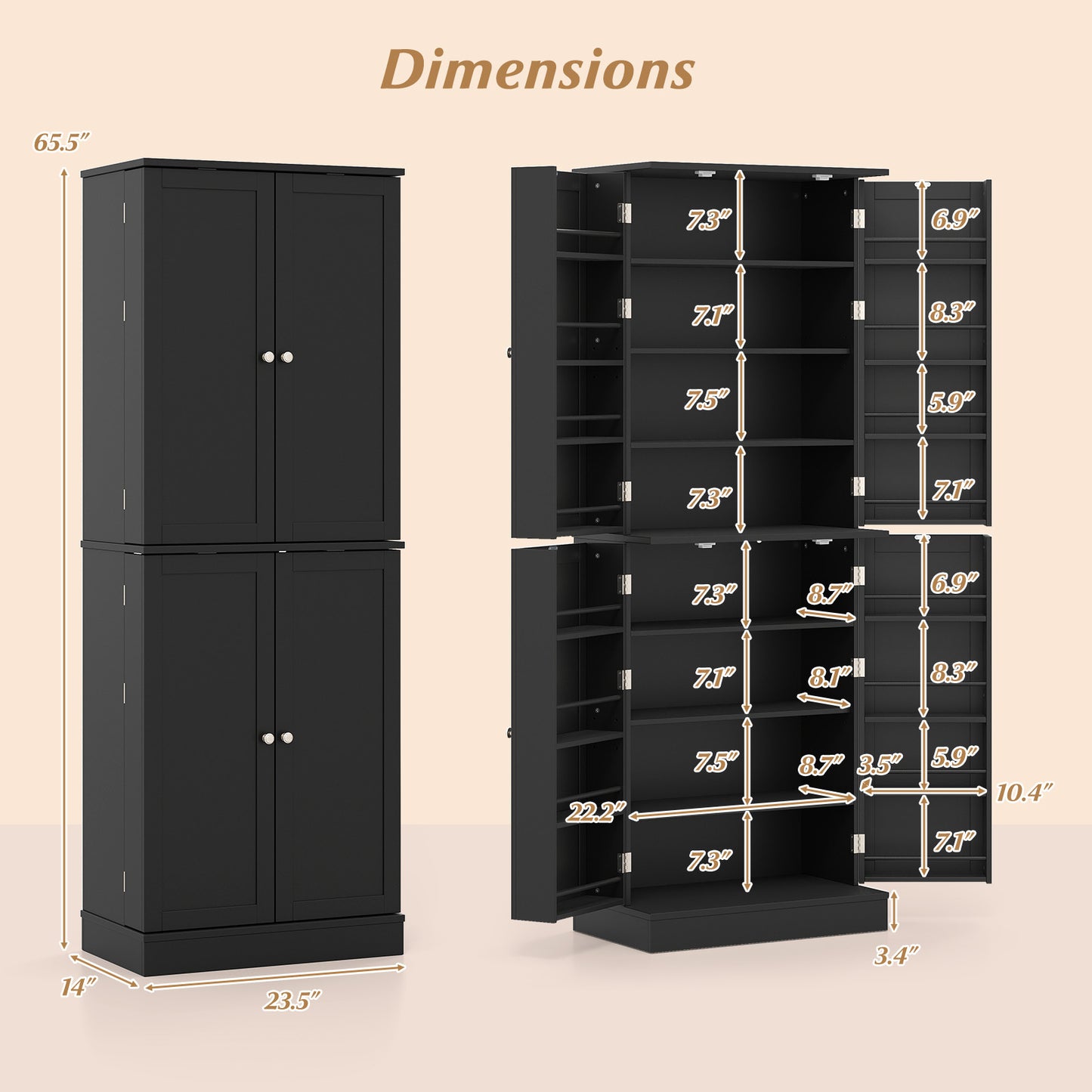 Kitchen Pantry Cabinet 65.5 Inch Freestanding Tall Buffet Cupboard-Black