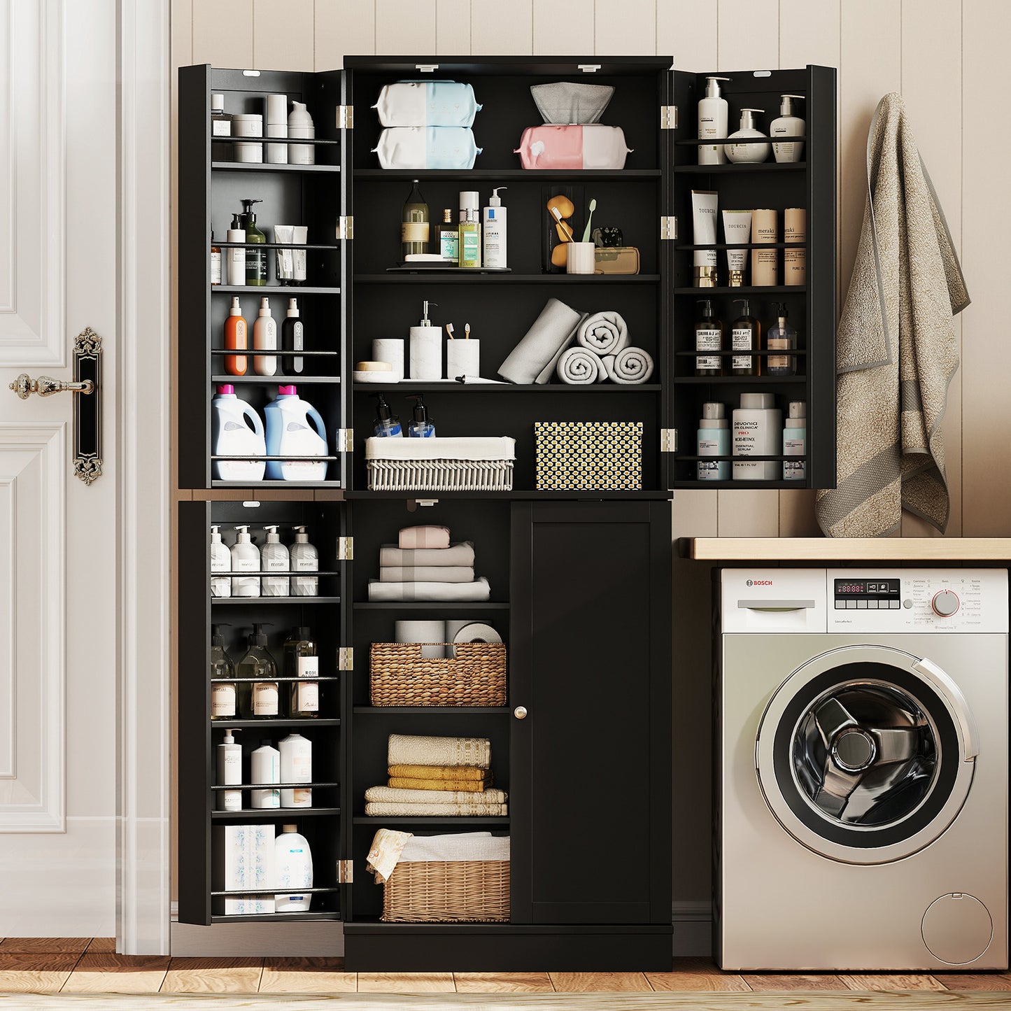 Kitchen Pantry Cabinet 65.5 Inch Freestanding Tall Buffet Cupboard-Black
