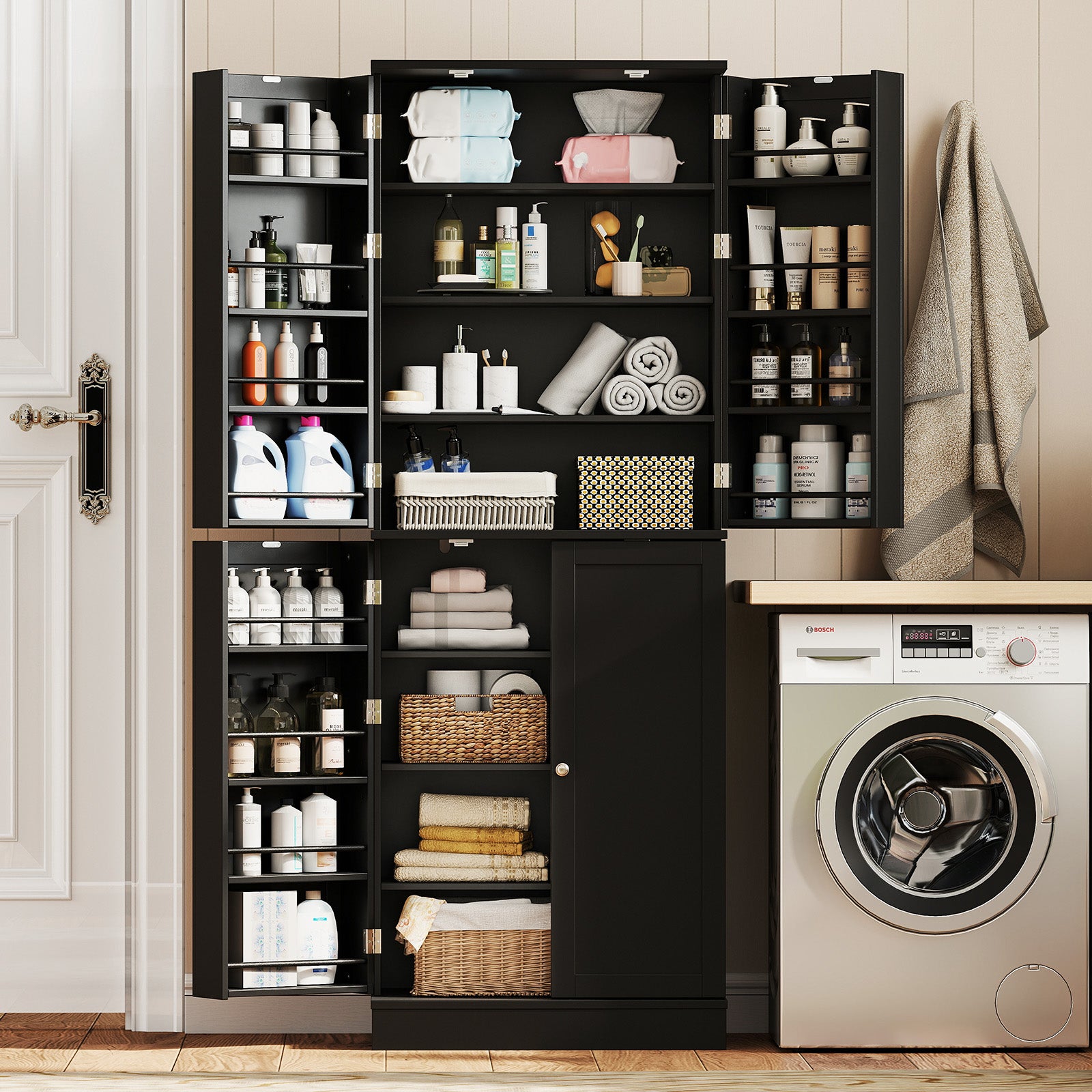 Kitchen Pantry Cabinet 65.5 Inch Freestanding Tall Buffet Cupboard-Black