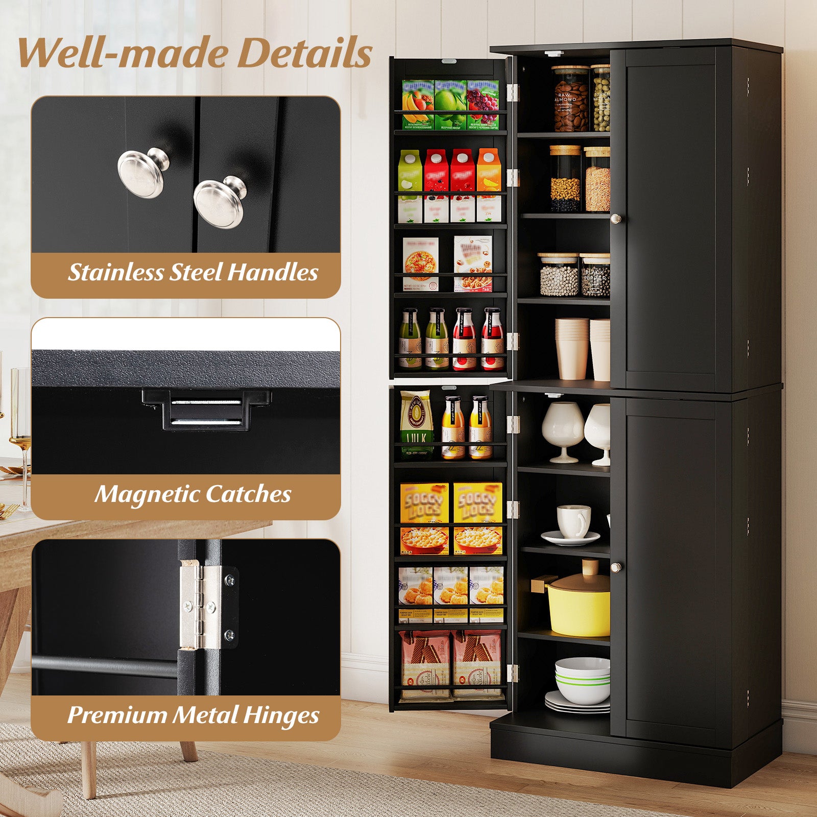 Kitchen Pantry Cabinet 65.5 Inch Freestanding Tall Buffet Cupboard-Black