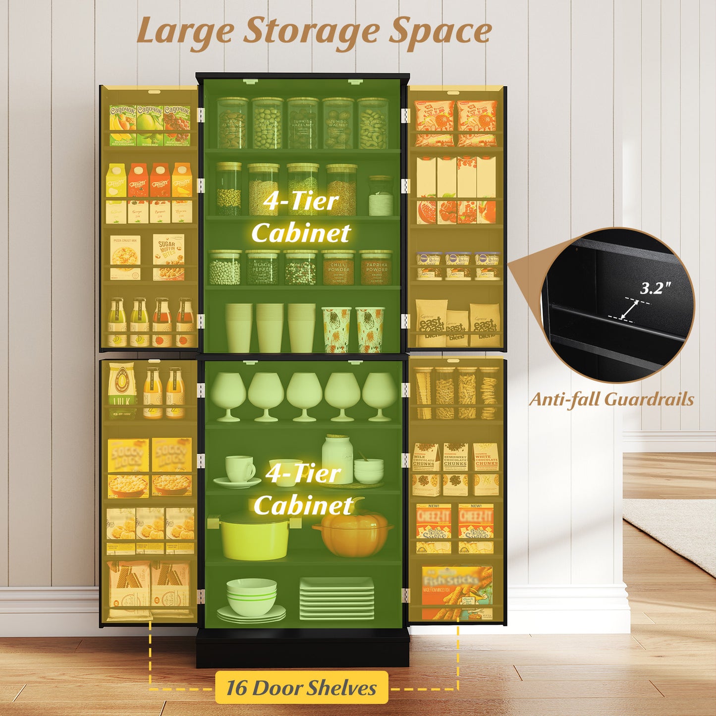 Kitchen Pantry Cabinet 65.5 Inch Freestanding Tall Buffet Cupboard-Black