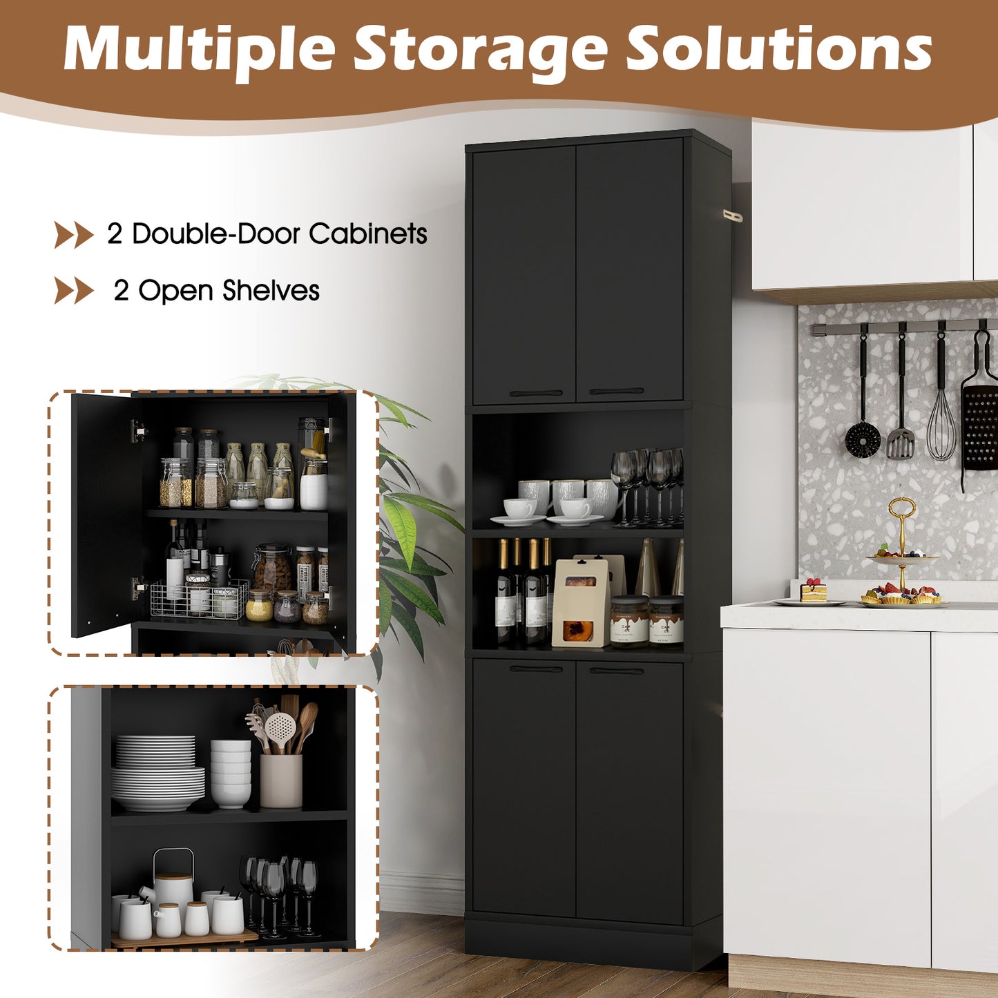 75 Inch Kitchen Pantry Cabinet Tall Cupboard with Doors and Shelves