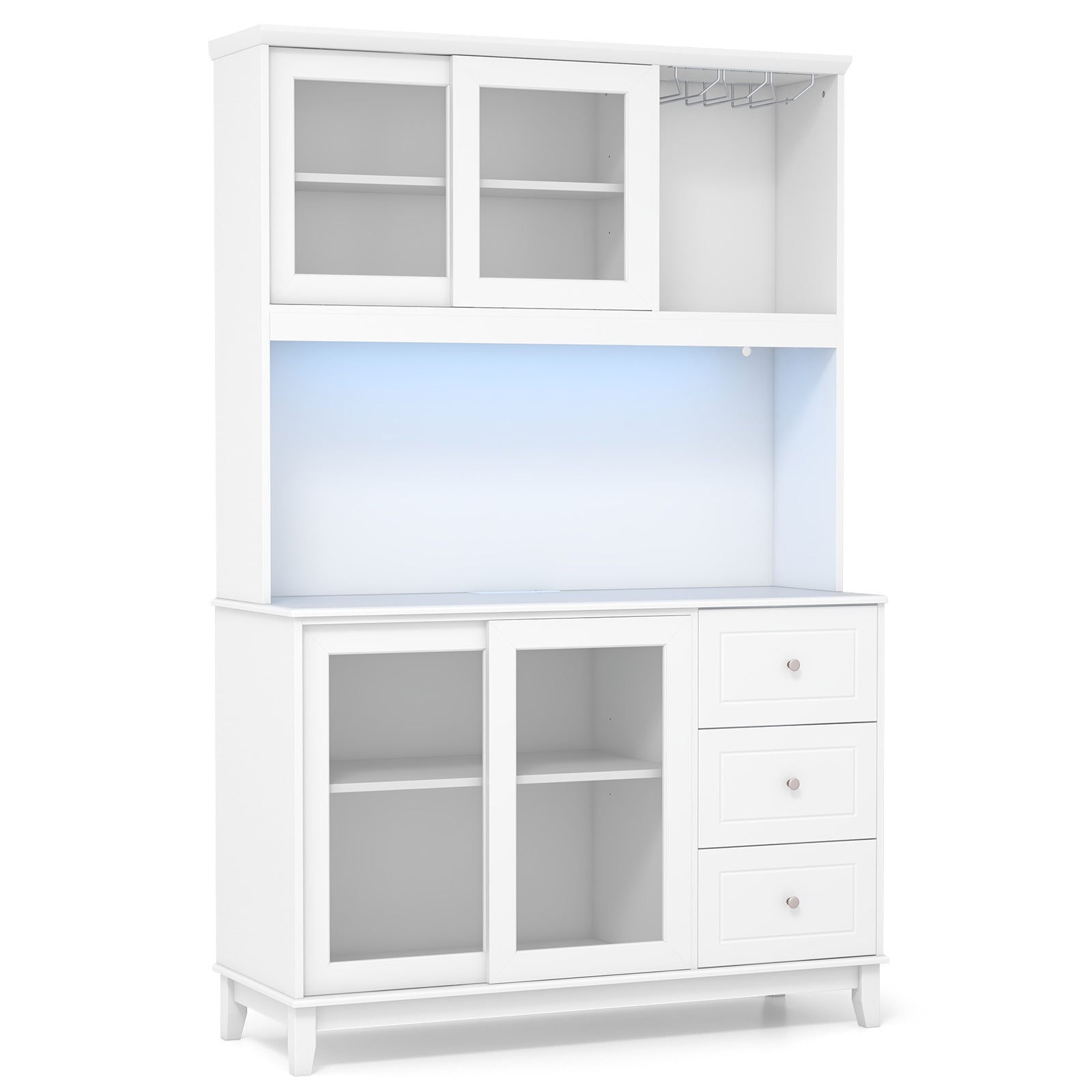 Kitchen Pantry Storage Cabinet Kitchen Hutch with LED lights and Power Outlet-Dark Brown - White