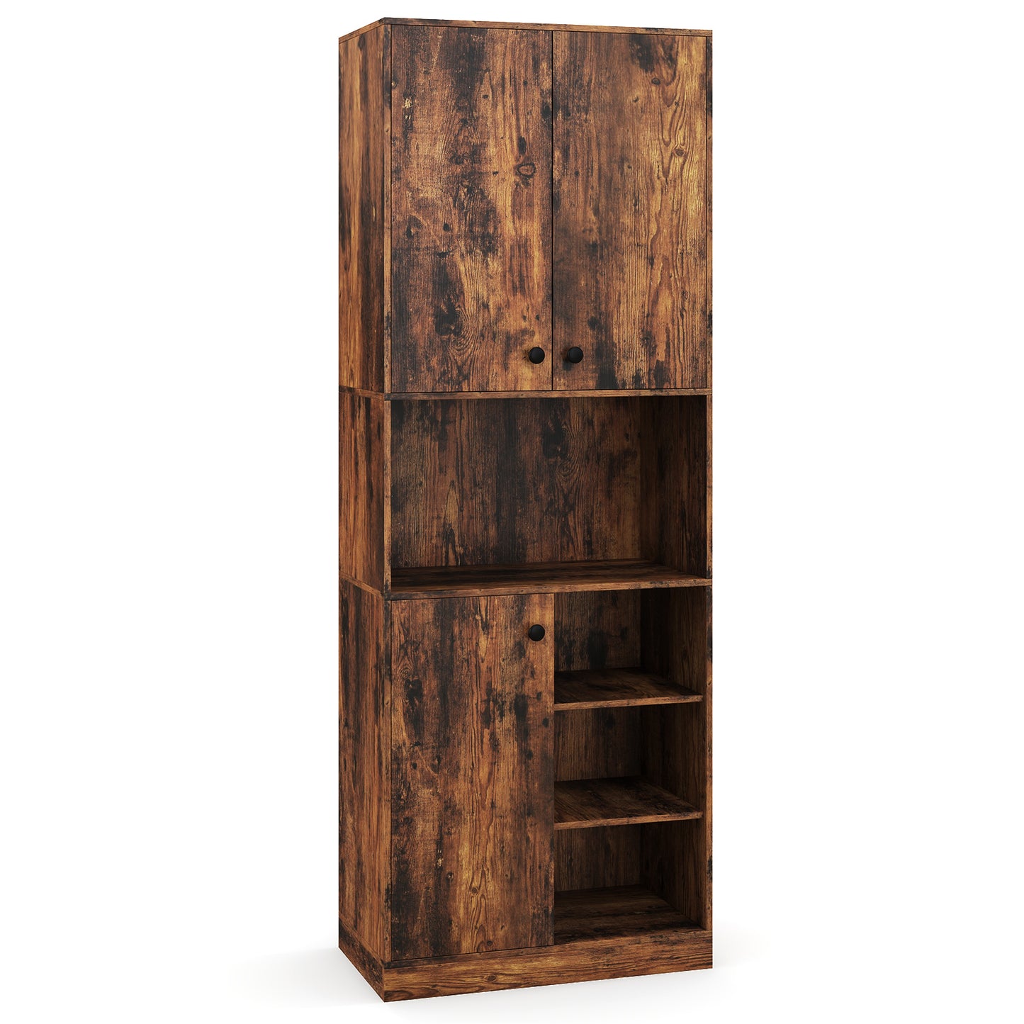 Kitchen Pantry Storage Cabinet with Microwave Stand and Open Shelves-Rustic Brown
