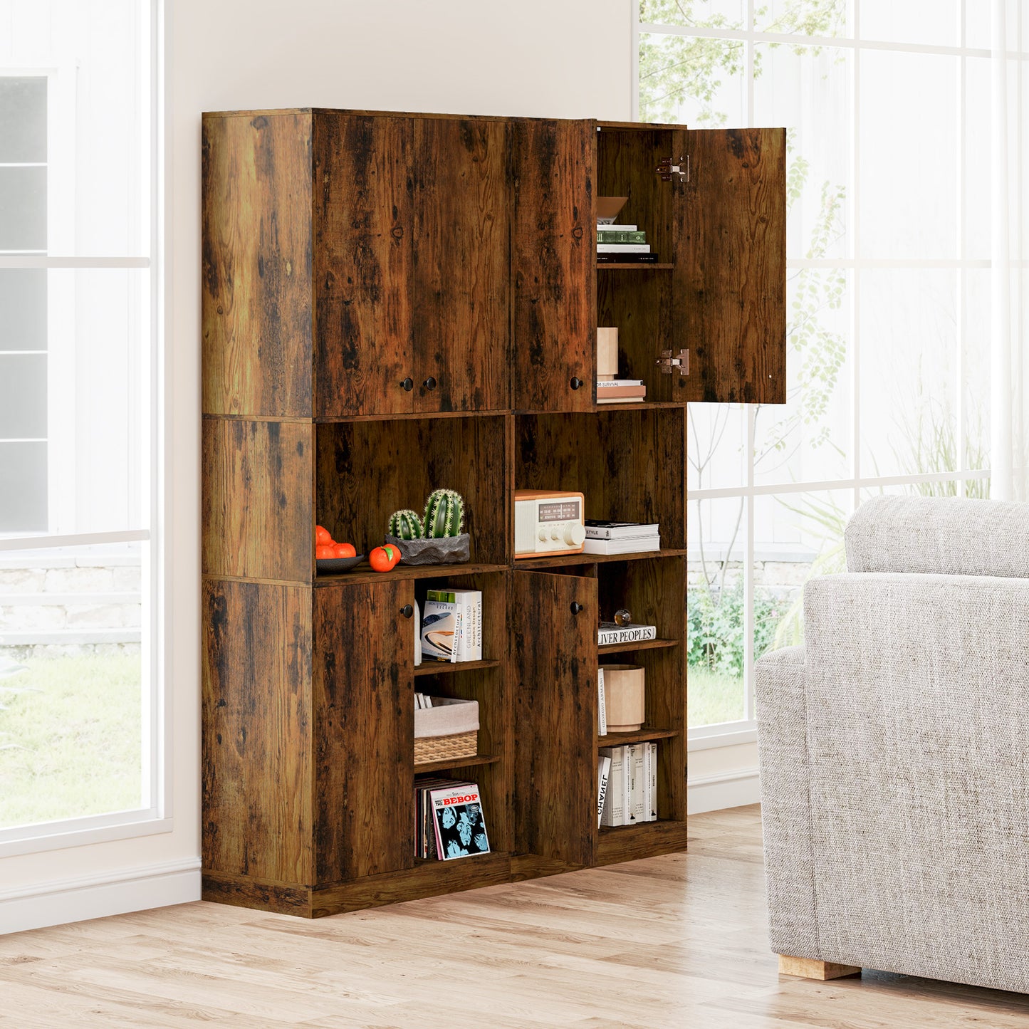 Kitchen Pantry Storage Cabinet with Microwave Stand and Open Shelves-Rustic Brown