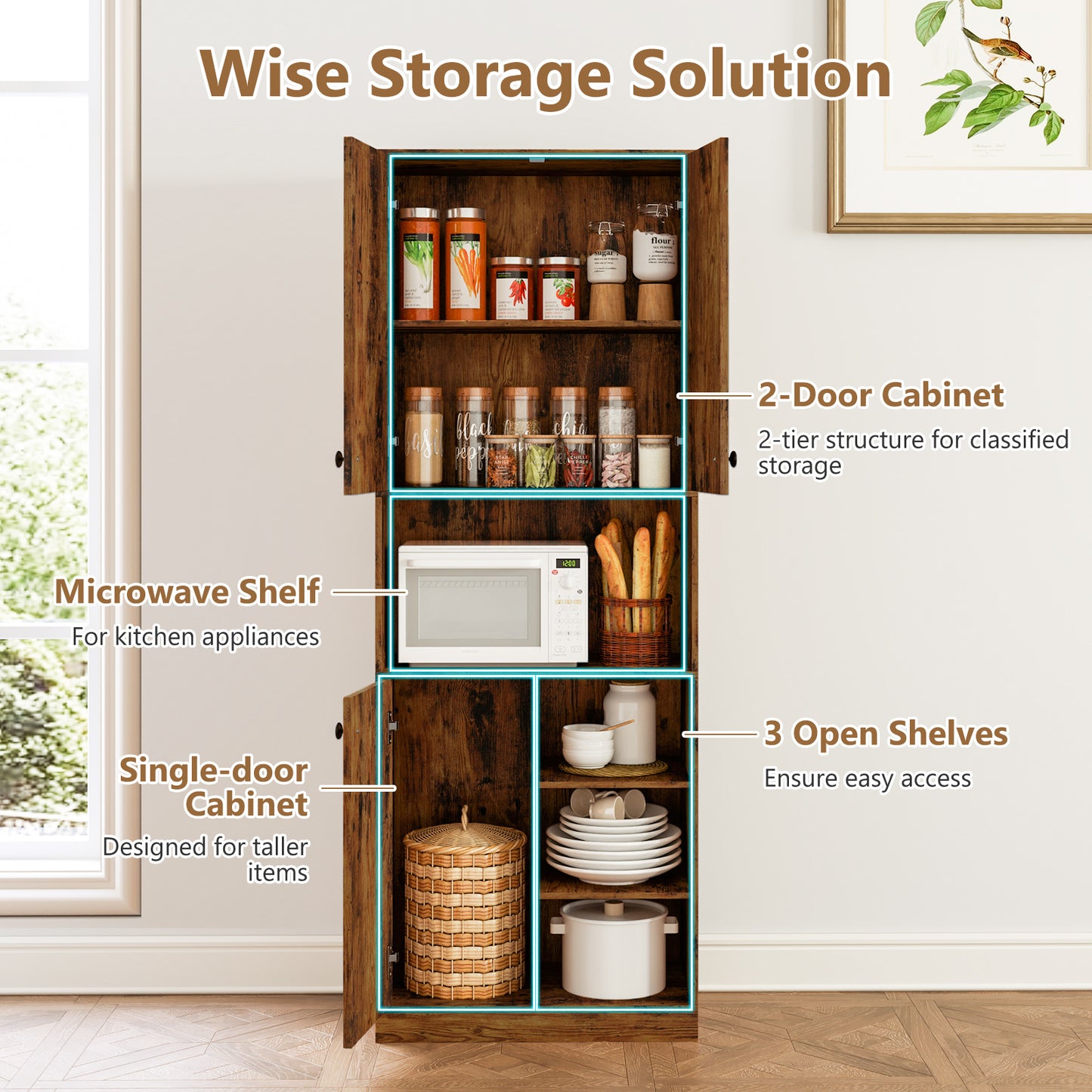Kitchen Pantry Storage Cabinet with Microwave Stand and Open Shelves-Rustic Brown