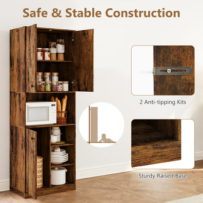 Kitchen Pantry Storage Cabinet with Microwave Stand and Open Shelves-Rustic Brown