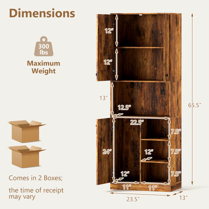 Kitchen Pantry Storage Cabinet with Microwave Stand and Open Shelves-Rustic Brown